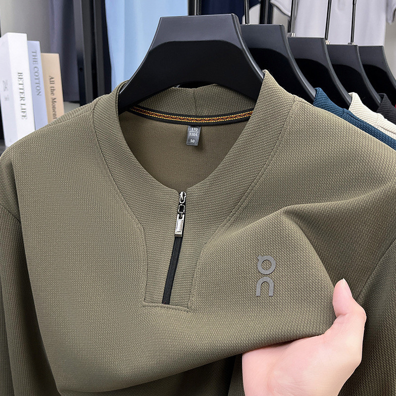เสื้อยืดแขนยาวผู้ชายซิปคอปกแฟชั่นฤดูใบไม้ร่วง 2026 ทรงหลวมสบาย