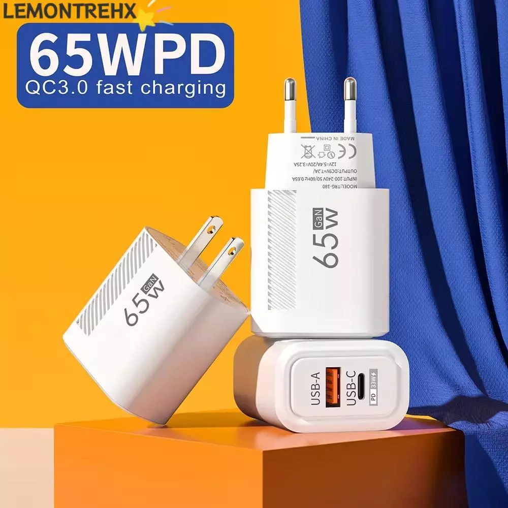 LEMONTREAL อะแดปเตอร์ชาร์จโทรศัพท์, PD Type C EU/US 65W GaN ปลั๊กชาร์จ, อุปกรณ์เสริม Fast Charging USB A + C USB C Charger สําหรับ //