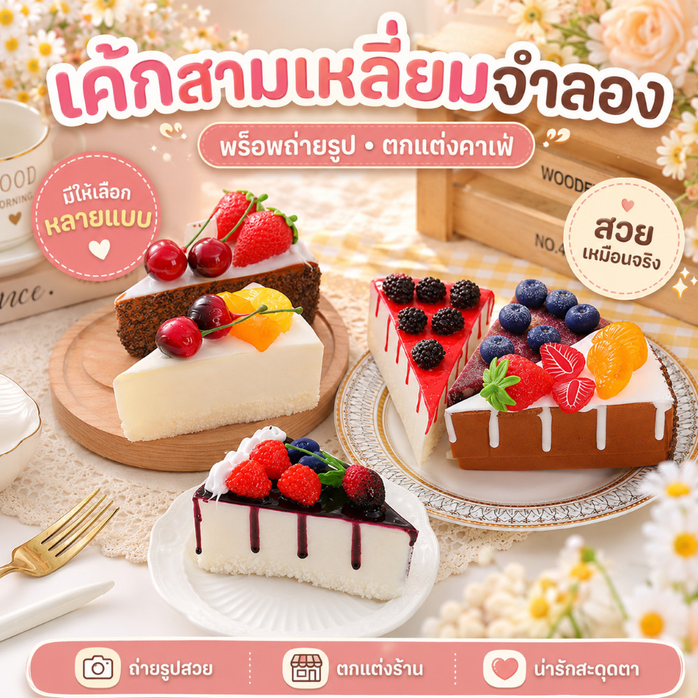 โมเดลขนมเค้กปลอม เค้กสามเหลี่ยม สมจริง ตกแต่งร้านกาแฟ ตู้เค้ก ร้านเบเกอรี่ ใช้เป็นพร็อพถ่ายรูป เสริมบรรยากาศสวยหวาน