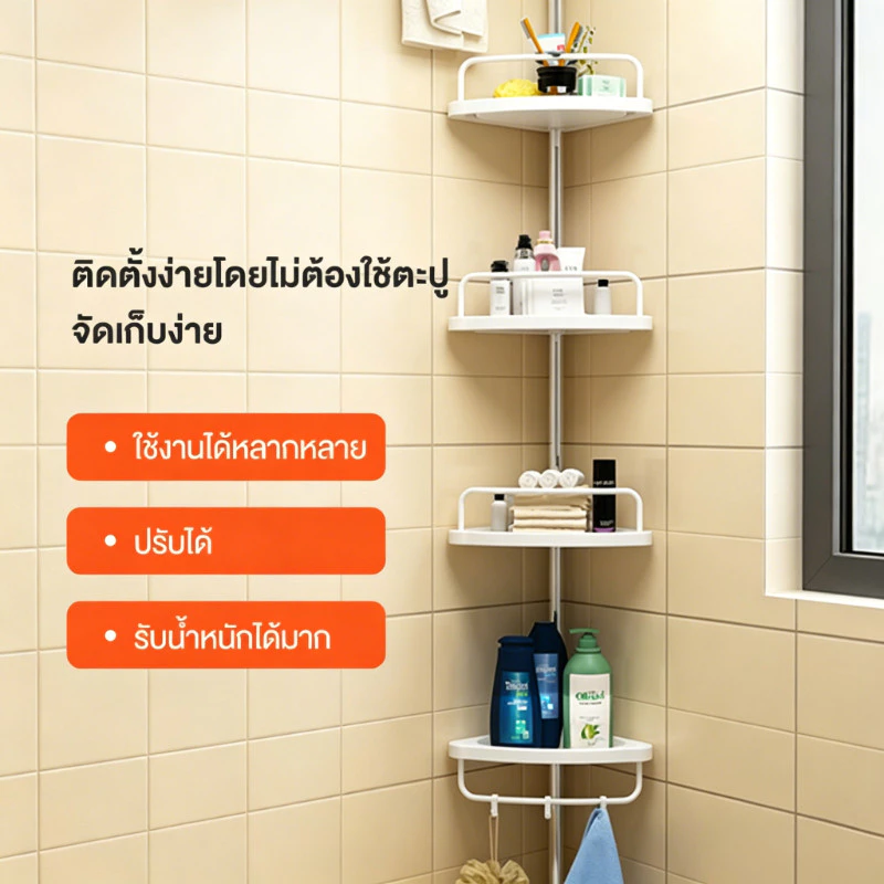 ชั้นวางของมุมติดผนัง ชั้นวางของมุมติดผนังห้องน้ำ ยาสระผมได้เยอะ ทำความสะอาดง่าย เหมาะกับห้องน้ำที่มีพื้นที่จำกัด