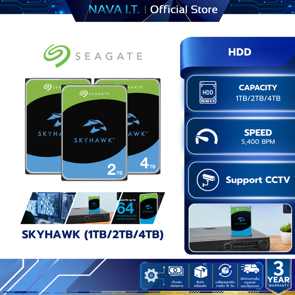 SEAGATE SKYHAWK 1TB 2TB 4TB SURVEILLANCE HDD FOR CCTV รับประกัน 3 ปี