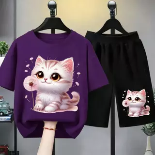 [COD]New!!!*2026-ชุดเสื้อยืดเด็กหญิง เสื้อยืดเด็กหญิง ชุดเสื้อเด็กหญิง เสื้อยืดเด็กหญิงชุดสั้น ลาย แมว ดอกหญ+（ชุดเสื้อยื