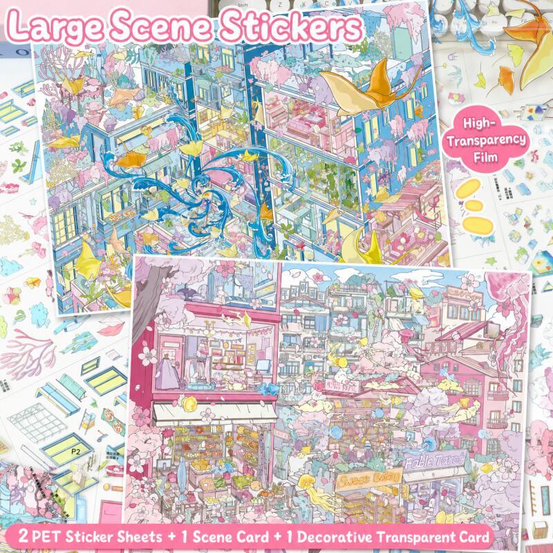 KOWEI 5 ชิ้น [ชุดแมงกะพรุนฤดูใบไม้ผลิ] ร้านถนนขนาดใหญ่ ห้องตาราง Scrapbooking สติกเกอร์ Journaling เครื่องเขียน Manta Ray Fantasy