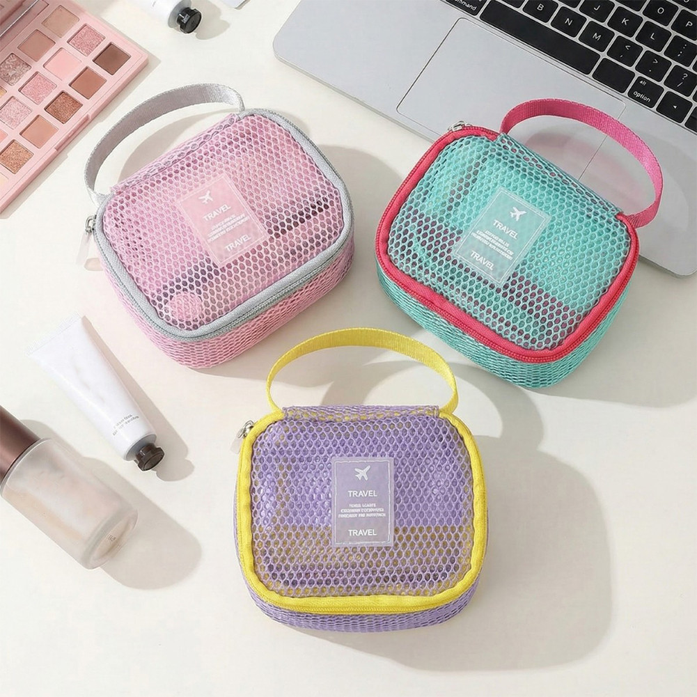 Mesh Cosmetic Bag Dopamine Colors Short Handle Zipper Pouch Stand Up for Makeup Brushes Toiletries