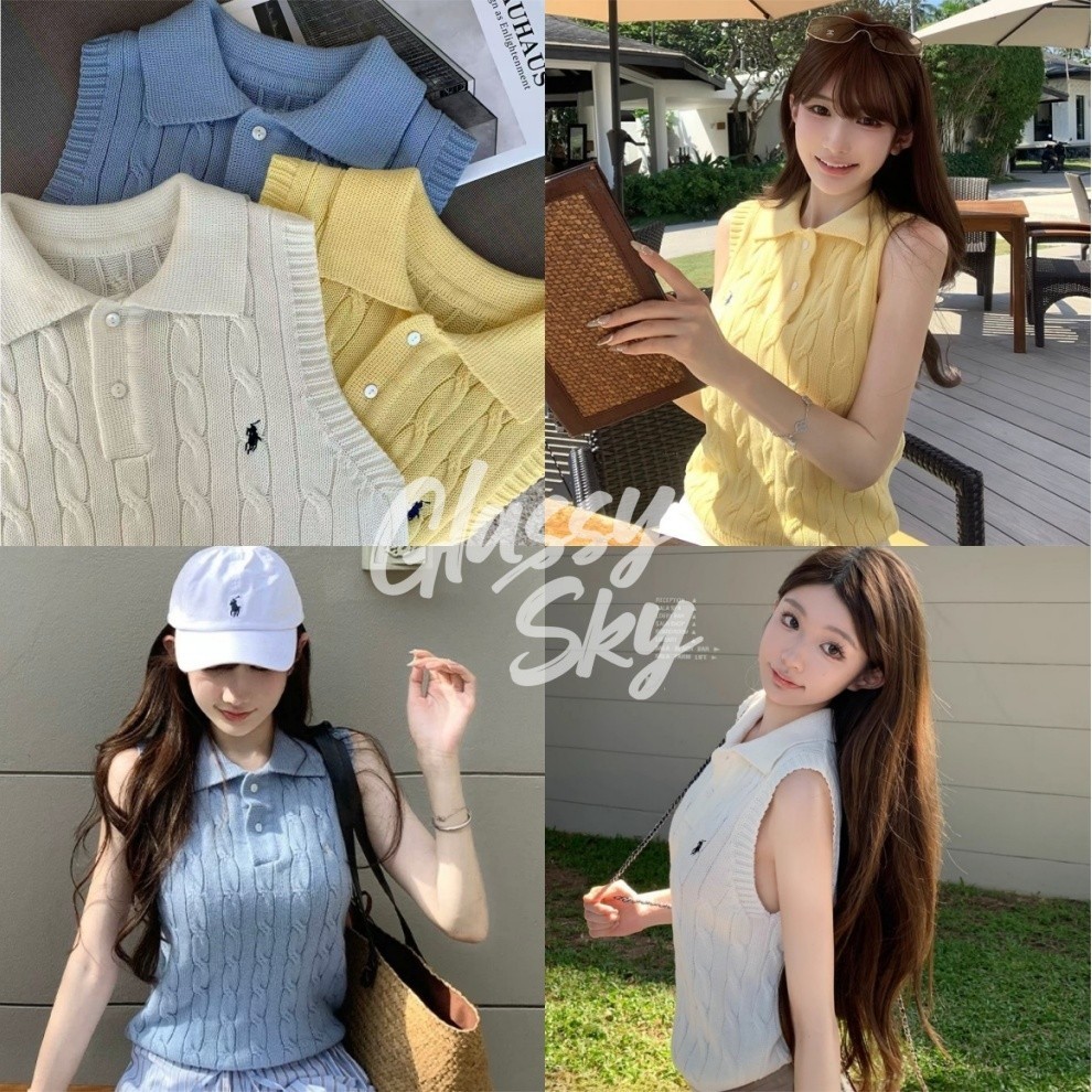 Glassy Sky พร้อมส่ง😜เสื้อแฟชั่น ผ้าถัก เสื้อกล้ามไหมพรม คอปก สไตล์เกาหลี สีพาสเทลใส่ง่าย เสื้อกล้ามผู้หญิง(W-J074)
