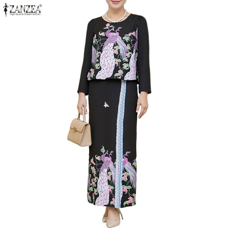 ZANZEA ใส่ ซานเซีย ผู้หญิงเกาหลีหรูหรารอบคอแขนยาวพิมพ์กลับเอวยืดหยุ่นติดตั้งชุดกระโปรงสม๊อค — صورة 6