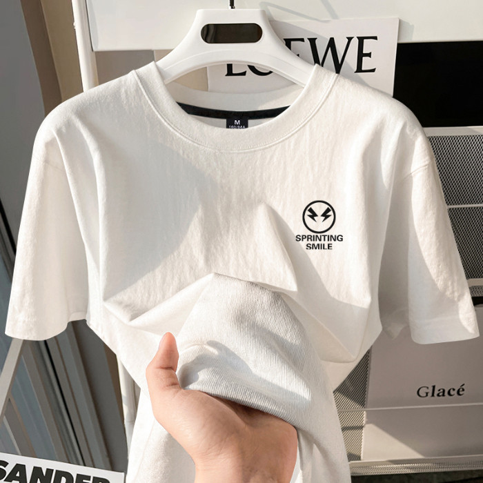 COD Simple High-End นักเรียนผ้าฝ้ายแท้ 220g พิมพ์รอบคอแขนสั้นเสื้อยืดผู้ชายสไตล์ใหม่หลวม All-Match C