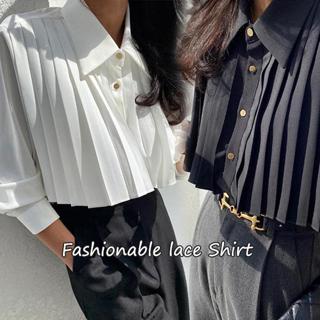 mimi&didi#เสื้อเชิ้ตแขนยาวทรงพลีท คอปกพับลง แขนทรงโคมไฟ ให้ล…