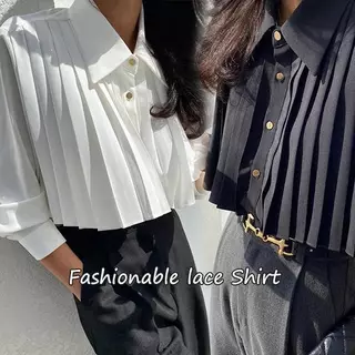mimi&didi#เสื้อเชิ้ตแขนยาวทรงพลีท คอปกพับลง แขนทรงโคมไฟ ให้ลุคที่ดูสุภาพและสง่างาม เหมาะสำหรับสวมใส่ไปทำงานในออฟฟิศ#W691
