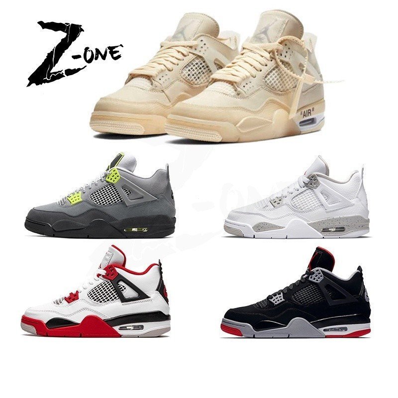 รองเท้าบาสเก็ตบอล AJ4 OFF-WHITE สี Sail, Bred 95 Neon และ Fire Red สำหรับทั้งผู้ชายและผู้หญิง