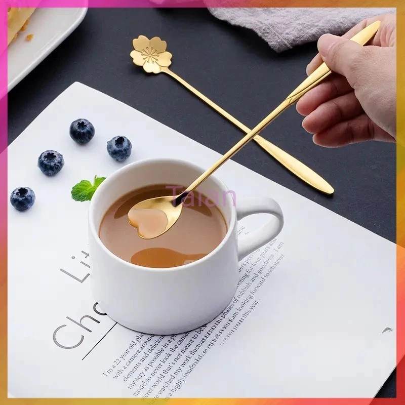 Taian ช้อนกาแฟสแตนเลส ช้อนขนม ช้อนคน ด้ามยาว ลายดอกไม้ สไตล์วินเทจ