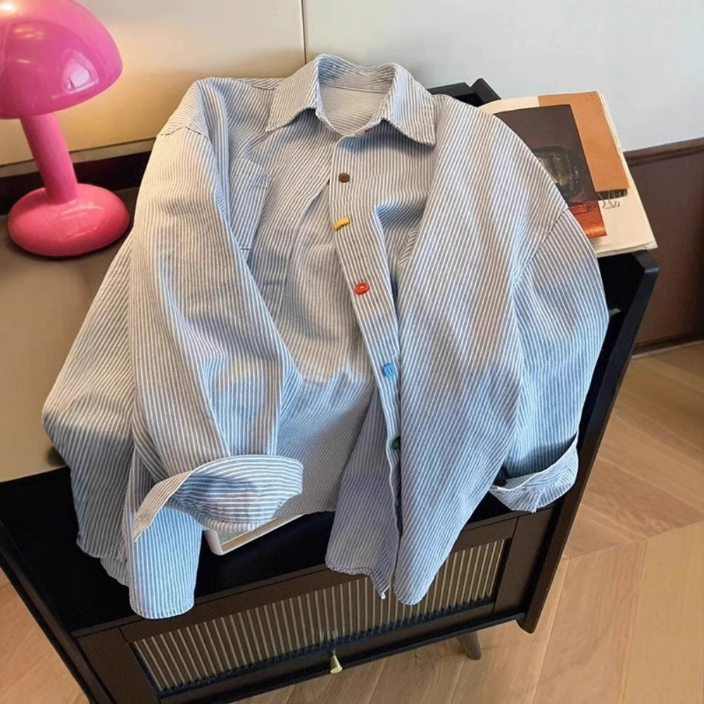 5TERY-เสื้อลายทางสีน้ําเงิน - ไม่จํากัดเพศ - ทรงหลวม - กันแดด - สไตล์ญี่ปุ่น - การออกแบบปุ่มสีสันสดใส - การออกแบบสีตัดกัน - แจ็