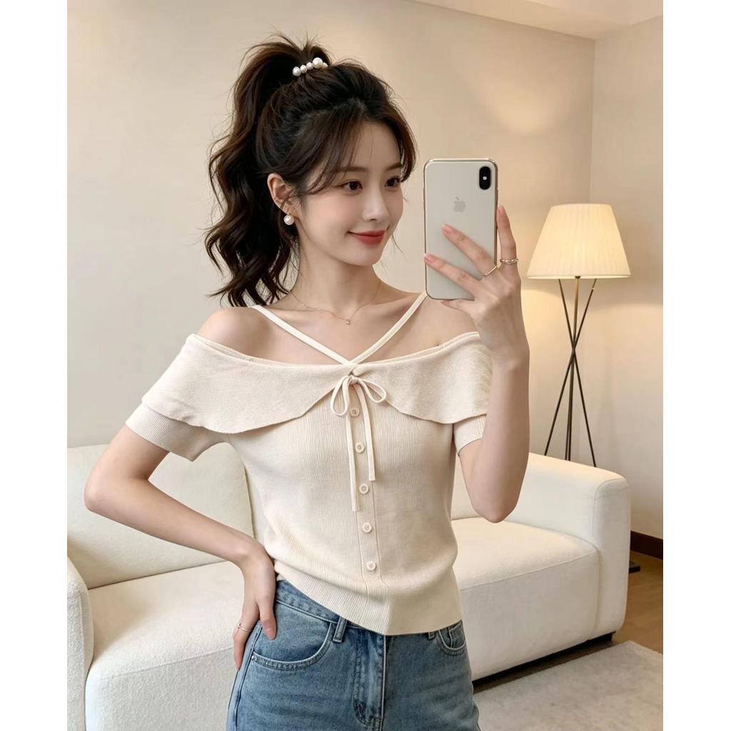 High-End Gauze Stitching V คอของแท้ไหล่แขนสั้นเสื้อยืดผู้หญิง 2026 ฤดูร้อนสไตล์ใหม่ที่ไม่ซ้ํากันเสื้