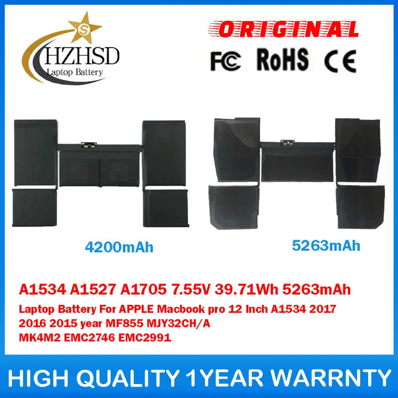 A1534 A1527 A1705 7.55V 39.-1Wh 5263mAh แบตเตอรี่แล็ปท็อปสําหรับ APPLE Macbook pro 12 นิ้ว A1534 201