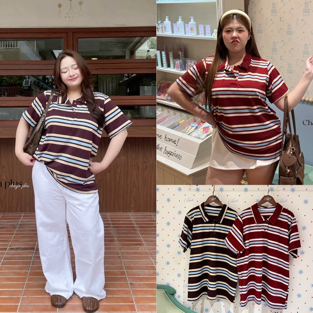 Lindaa+22000 เสื้อโปโลลายริ้ว สาวอวบ ฟรีไซส์อก52 ทรงปล่อย ใส่สบาย #เสื้อผ้าไซส์ใหญ่ พลัสไซส์