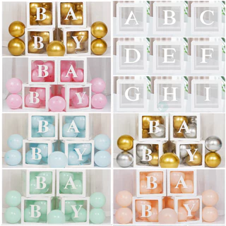 GeeParty กล่องบอลลูนโปร่งใส 25x25 ซม. สีขาว พร้อมสติ๊กเกอร์ตัวอักษร A-Z สำหรับวันเกิด งานแต่งงาน ปาร์ตี้ ตกแต่งงานเลี้ยง
