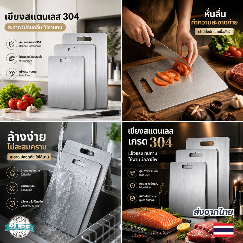 เขียงสแตนเลส 304 ทนทาน หั่นเนื้อสัตว์ ผัก ได้ง่ายๆ อเนกประสงค์ ทนต่อแรงตัด สะอาดปลอดภัย