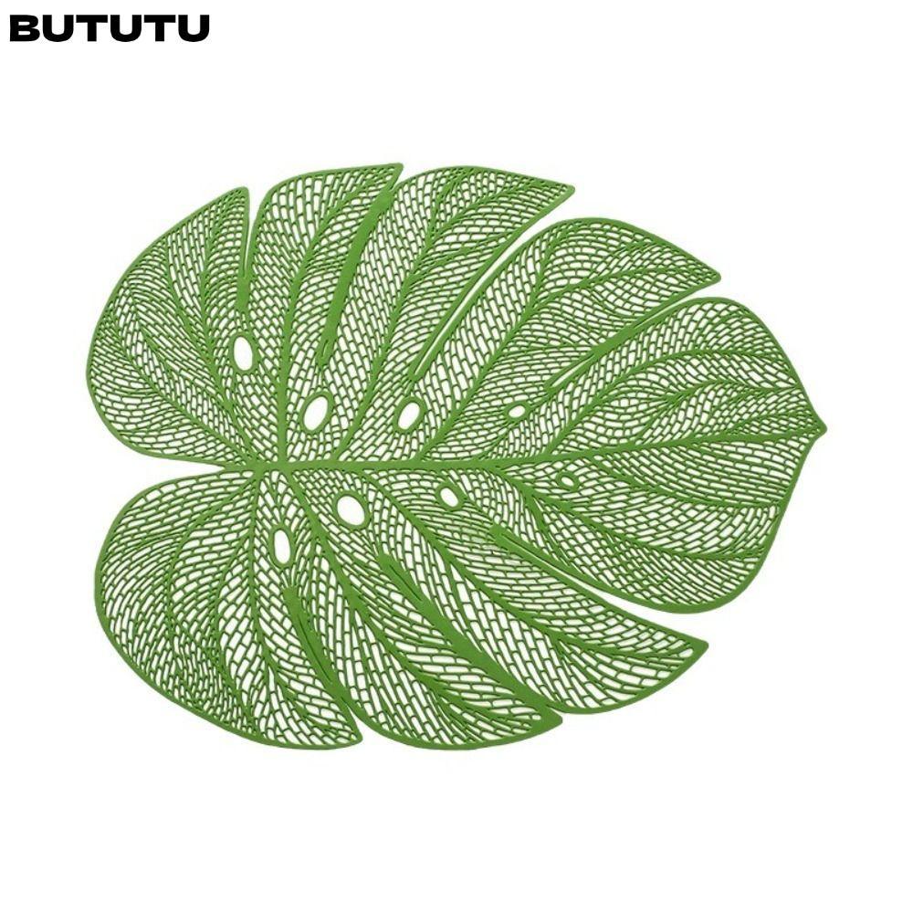 BUTUTU แผ่นรองจานรูปใบไม้,แผ่นรองจานใบกลวงกันน้ํากันลื่น,วัสดุ PVC Hollow Leaf Shape ทนความร้อนทนความร้อน แผ่นรองจานครบรอบฉลอง
