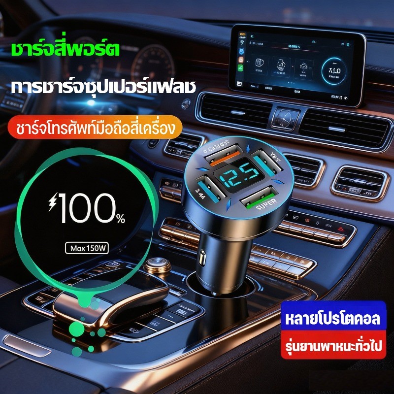 ที่ชาร์จในรถยนต์ อะแดปเตอร์รองรับ 12V-24V มี 4 พอร์ต USB รองรับ QC3.0 และ PD ชาร์จเร็วประหยัดเวลา