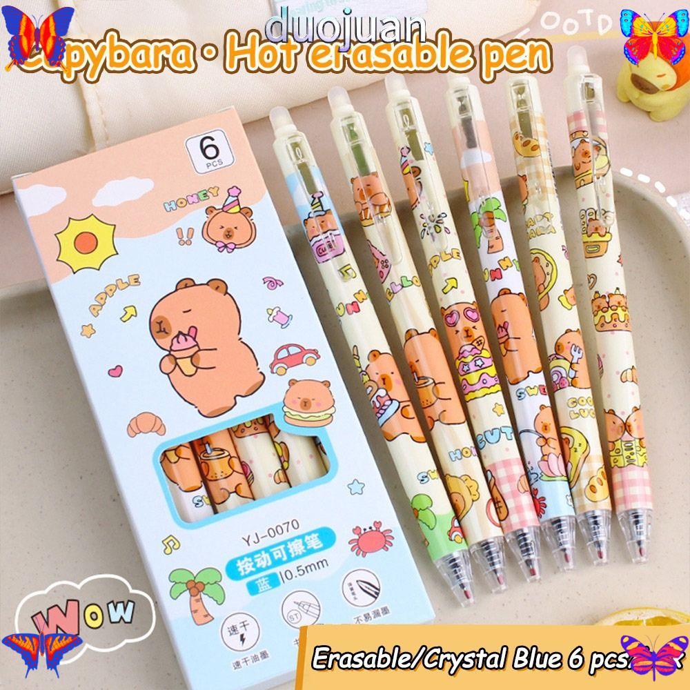 DUOJUAN 6 ชิ้น/ล็อตกดปากกาลบได้, ปากกาเจล Capybara การ์ตูนแห้งเร็ว, 0.5 มม.ปากกาสีฟ้าโรงเรียนสํานักงานเขียนเครื่องเขียน