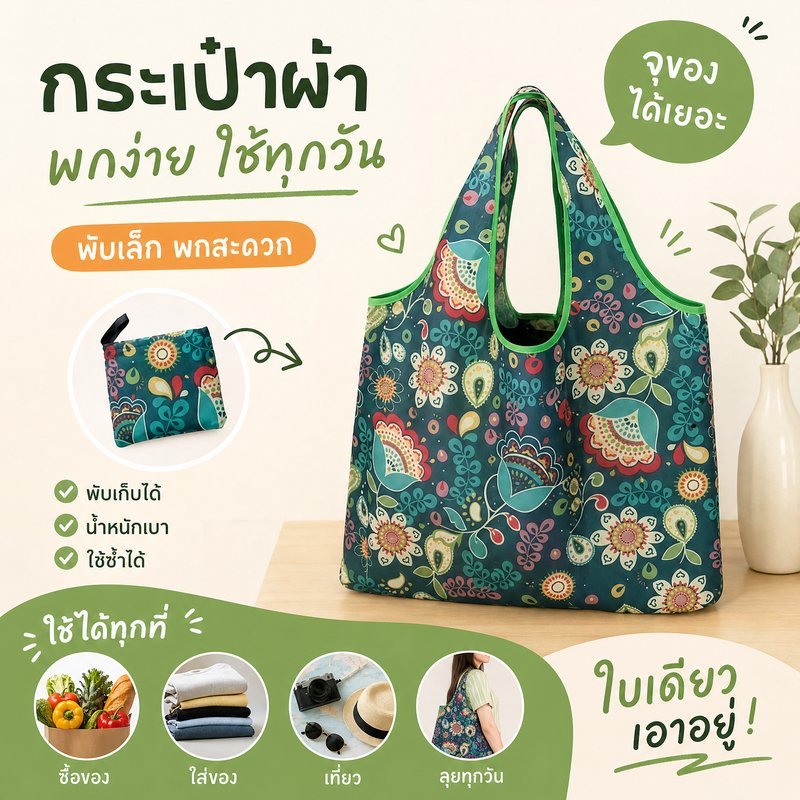 กระเป๋าช้อปปิ้งพับได้ ถุงผ้าช้อปปิ้ง ถุงผ้ารักษ์โลก ใบใหญ่ จุเยอะ พกพาง่าย ใช้ซ้ำ เดินทาง