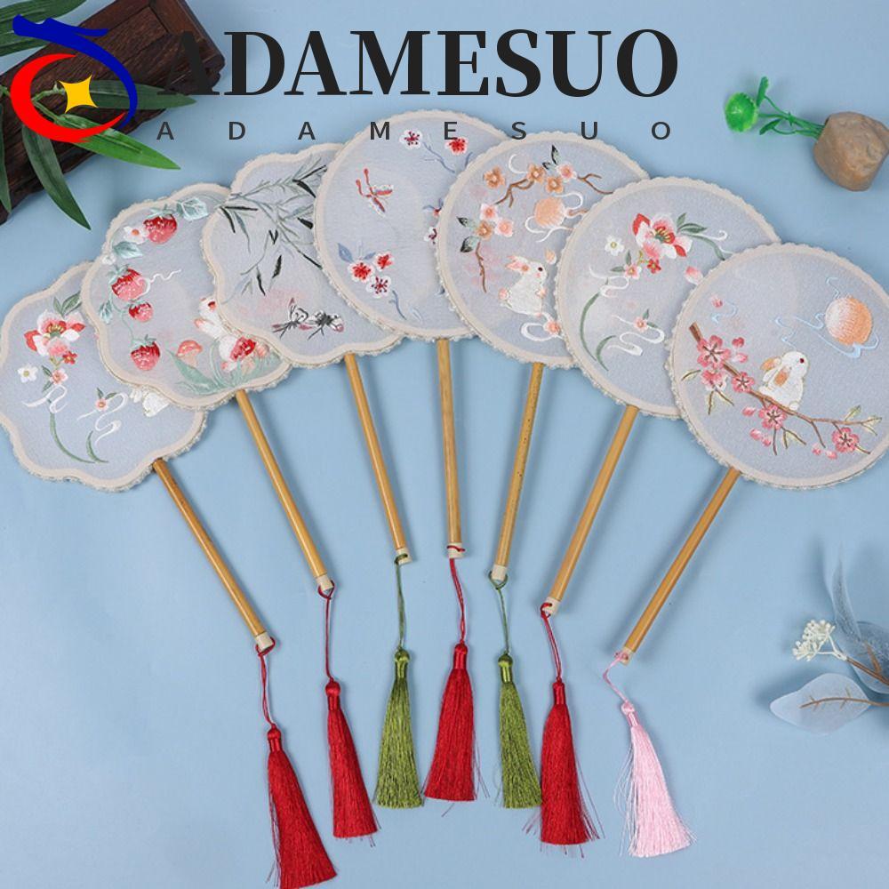 ADAMESUO พัดลมผ้าไหม,คลาสสิกวินเทจรอบพัดลม,สไตล์จีนพร้อมพู่ปักกึ่งโปร่งใสพัดลมมือเครื่องแต่งกายหญิง Hanfu Cheongsam
