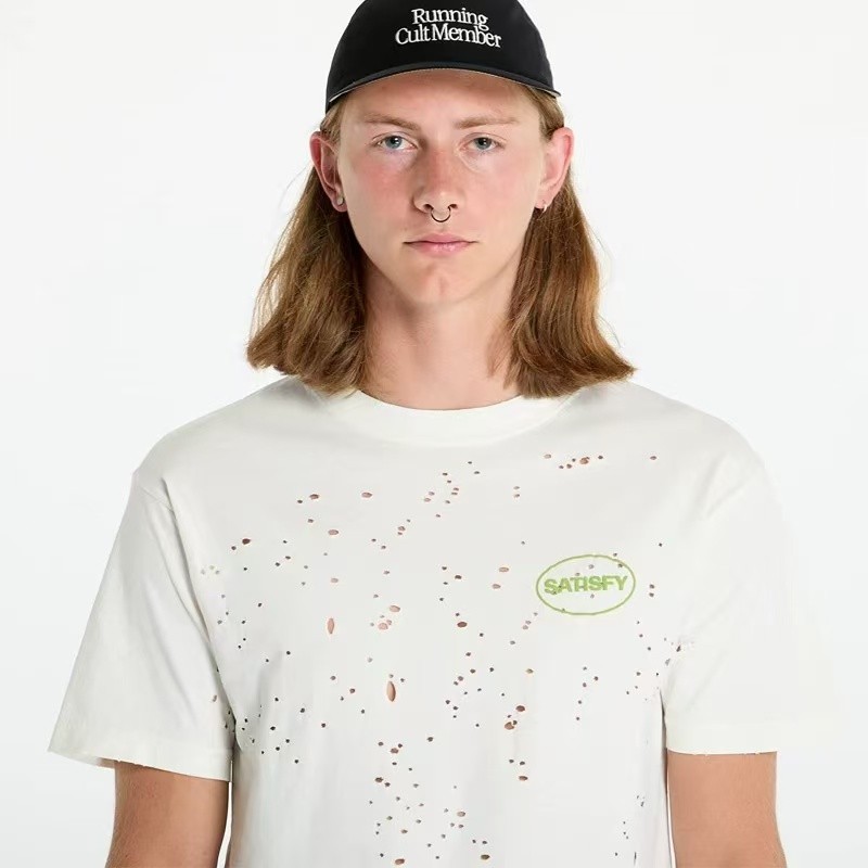 คุณภาพสูง SATISFY MothTech วิ่ง Distressed Pure Cotton พิมพ์เสื้อยืดแขนสั้น