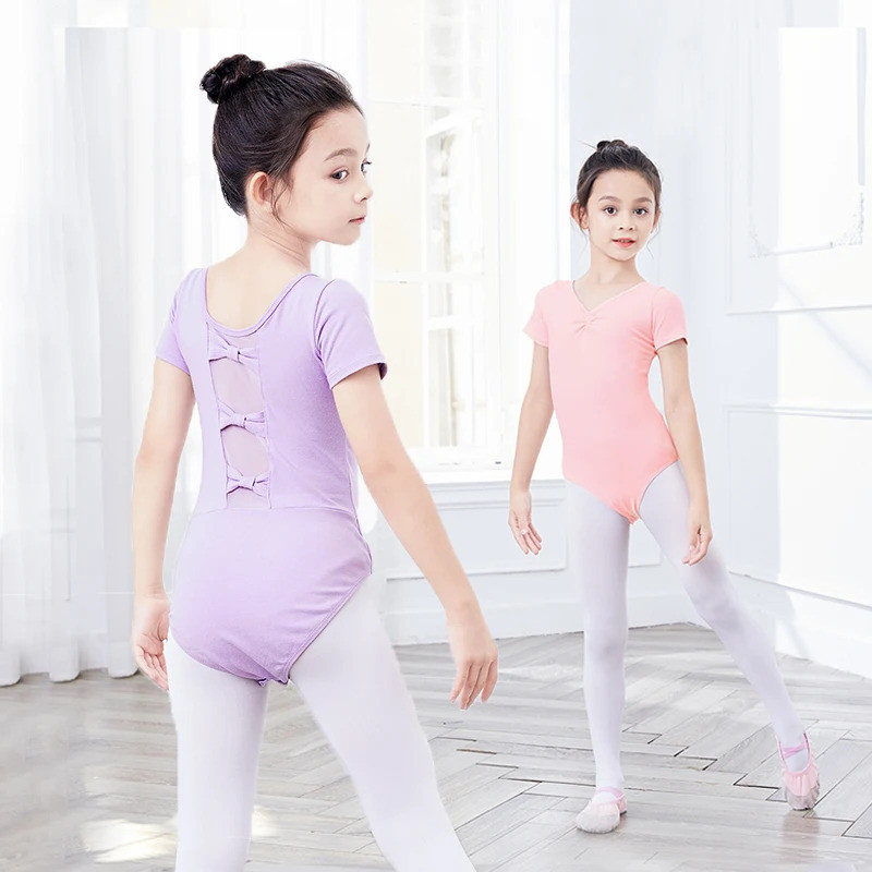 บัลเล่ต์ Leotards สําหรับสาวโบว์ยิมนาสติก Leotards แขนสั้นบัลเล่ต์บอดี้สูทเด็ก Bowknot Dance เครื่องแต่งกายผ้าฝ้าย Dancewear