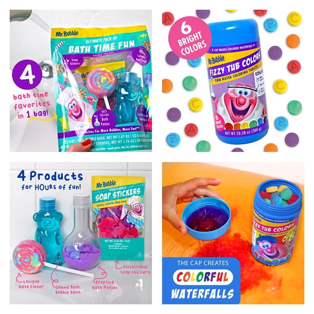 Mr. Bubble Ultimate Pack of Bath Time Fun ชุดสบู่อาบน้ำแสนสนุก & เม็ดสีเปลี่ยนสีน้ำ Fizzy Tub Colors