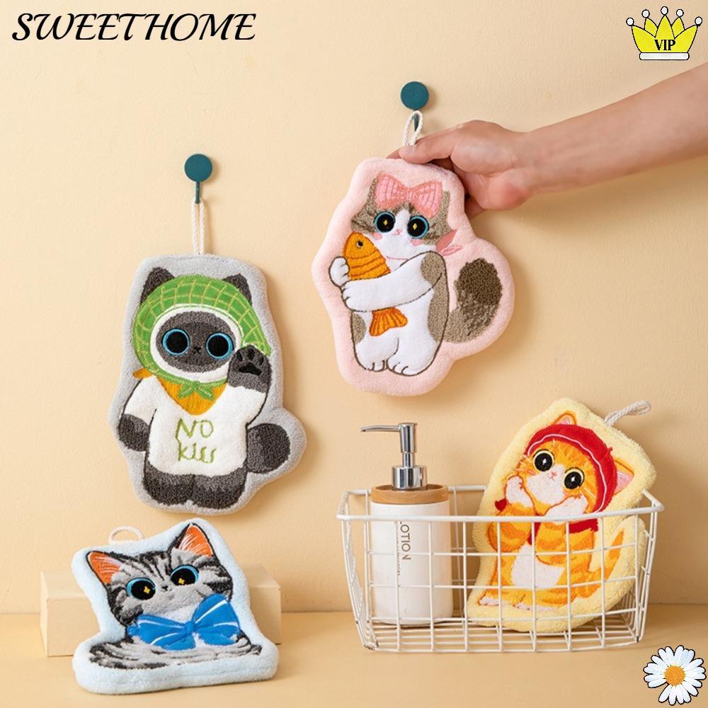 SWEETHOME ผ้าเช็ดมือ, ผ้าเช็ดหน้าห้องน้ํานุ่มแมวน่ารัก, ทนทานแบบแขวนหนาขนแกะปะการัง Washcloth ห้องครัว