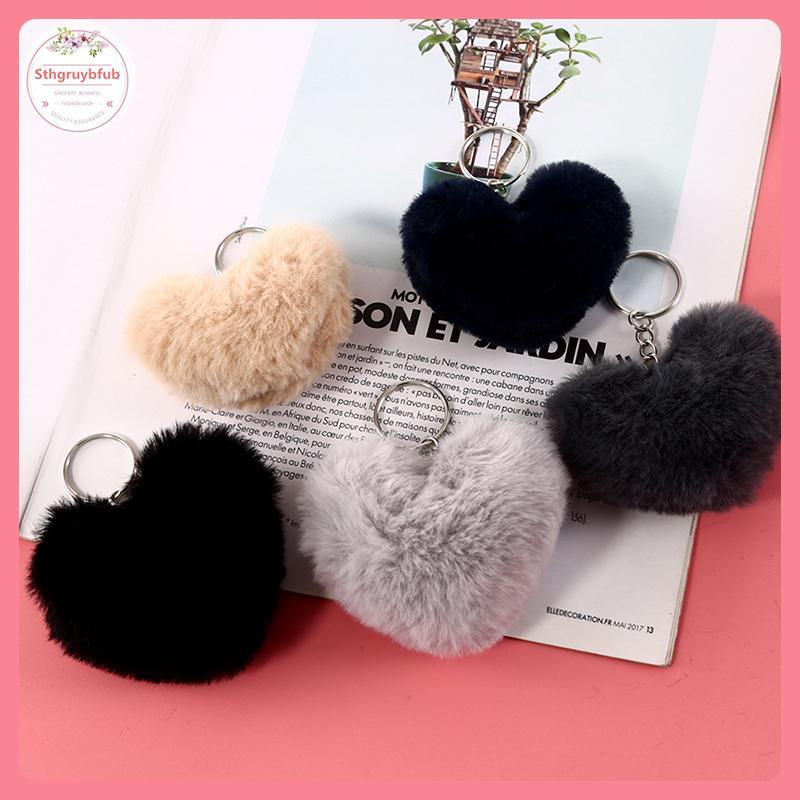 STHB 8 ซม.Fluffy pompom พวงกุญแจสําหรับผู้หญิงรูปหัวใจนุ่ม Pompon กระต่ายปลอม Key Chain Ball กระเป๋า