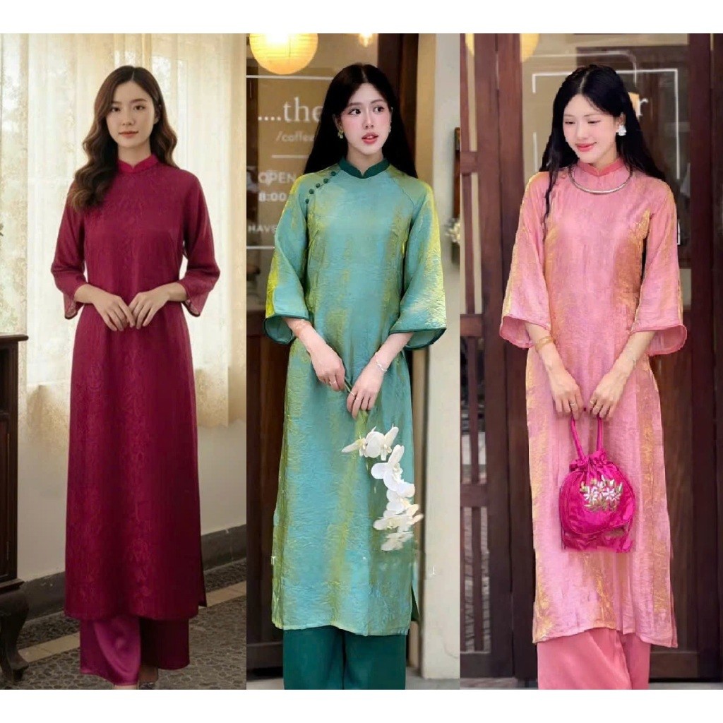 Huong Giang Ao Dai - nha Xa ผ้าไหม ao dai ทรงหลวมและคอปกติดกระดุมสวย