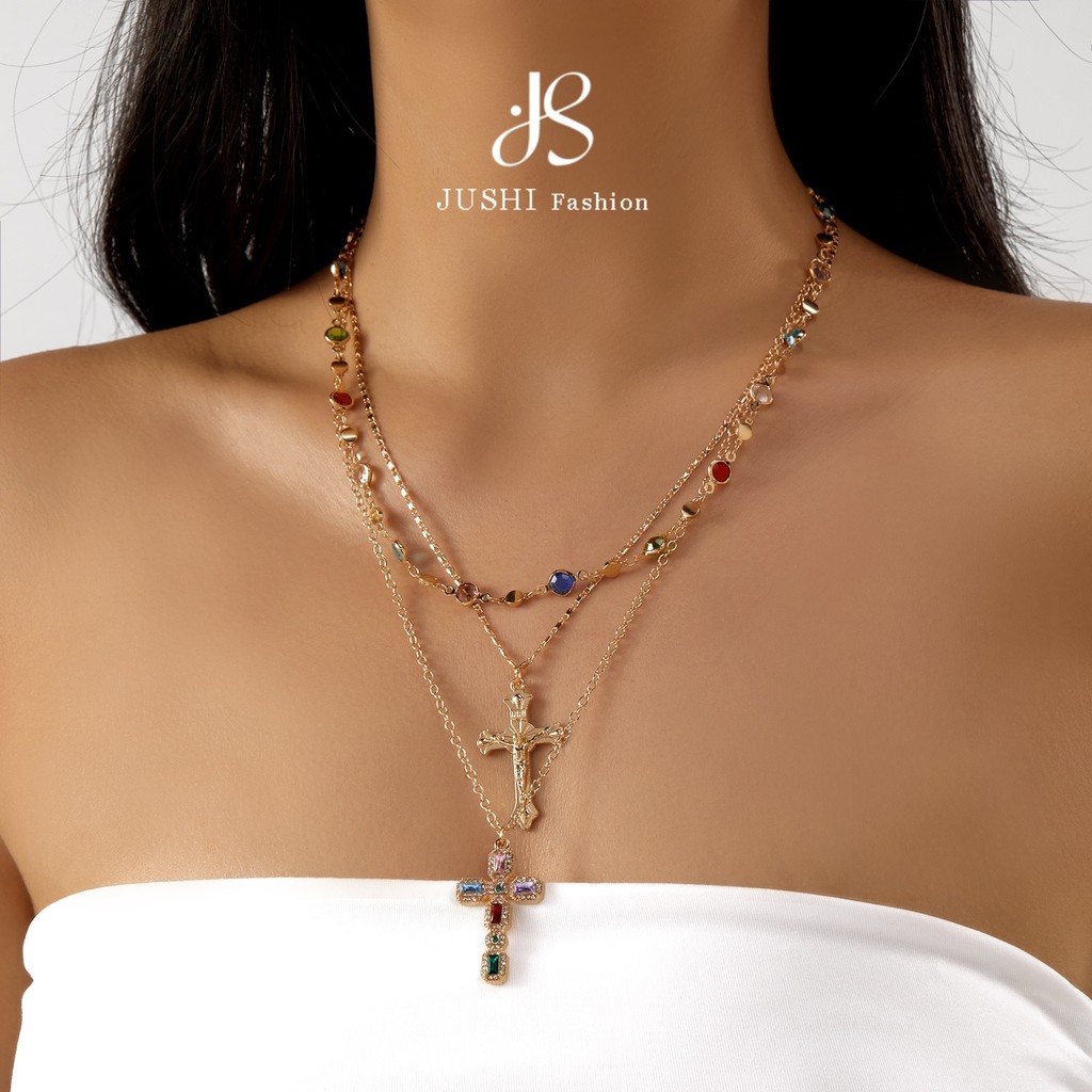 JUSHI Multi สีเพชร Gothic Cross Design สร้อยคอ Collarbone สำหรับผู้หญิง พร้อมลายเส้นซ้อน เพิ่มความสวยงามและเป็นของขวัญที่ดี