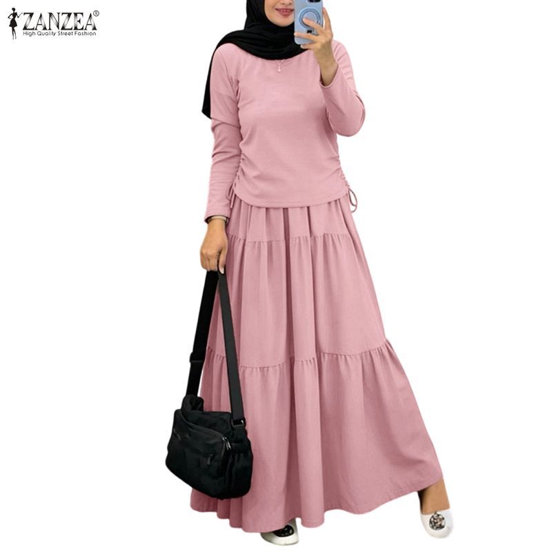 ZANZEA ผู้หญิงมุสลิม Minimalist Casual ลูกเรือคอยาวแขนยาวจีบชั้น Ruffles A-Line 2 ชิ้นชุด