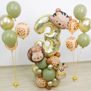 GeeParty ลูกโป่งตัวเลขฟอยล์สัตว์ 38 ชิ้น สิงโต ยีราฟ เสือ สำหรับงานเลี้ยงวันเกิดเด็กธีมซาฟารี