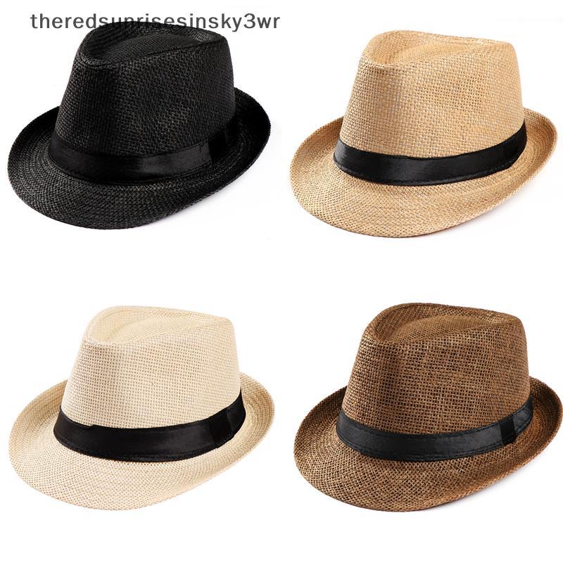 (the) หมวก Unisex ผู้ชายผู้หญิง Fedora Trilby หมวกปีกกว้างหมวกฟางชายหาด Sun Gentleman Adlut (TH)