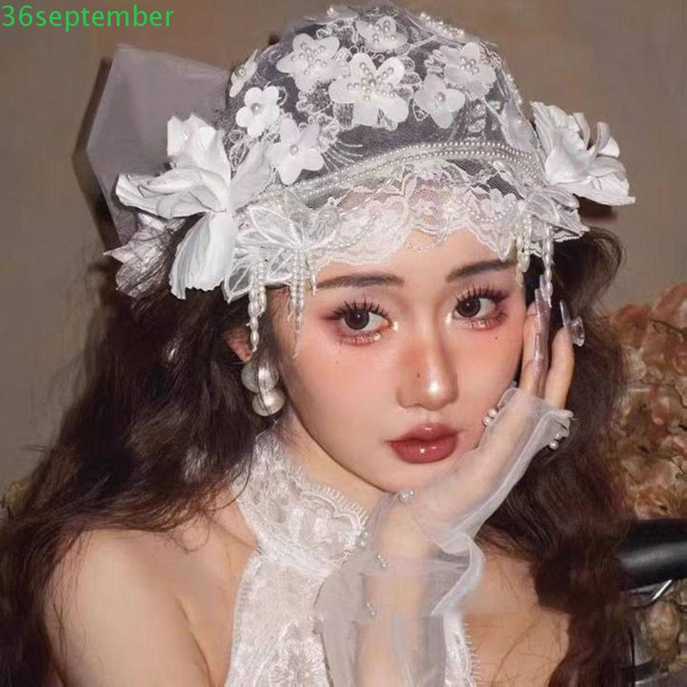 SPEPEMBER เจ้าสาว Headdress, ไข่มุกลูกปัดสีขาวหมวกเจ้าสาว, French Tulle หรูหราลูกไม้ดอกไม้งานแต่งงาน Headwear Headpieces
