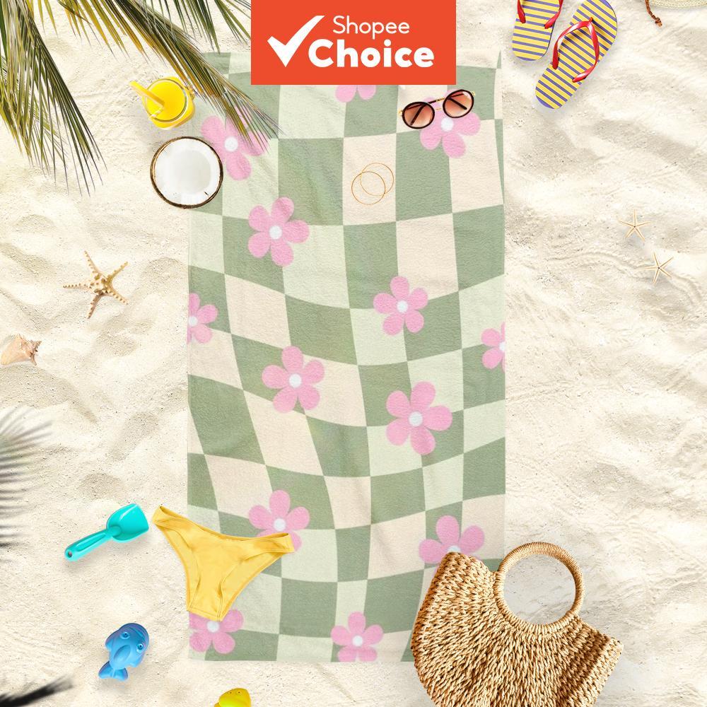 Pink Flower Sage Green Checkered Beach Towel 1 ชิ้น