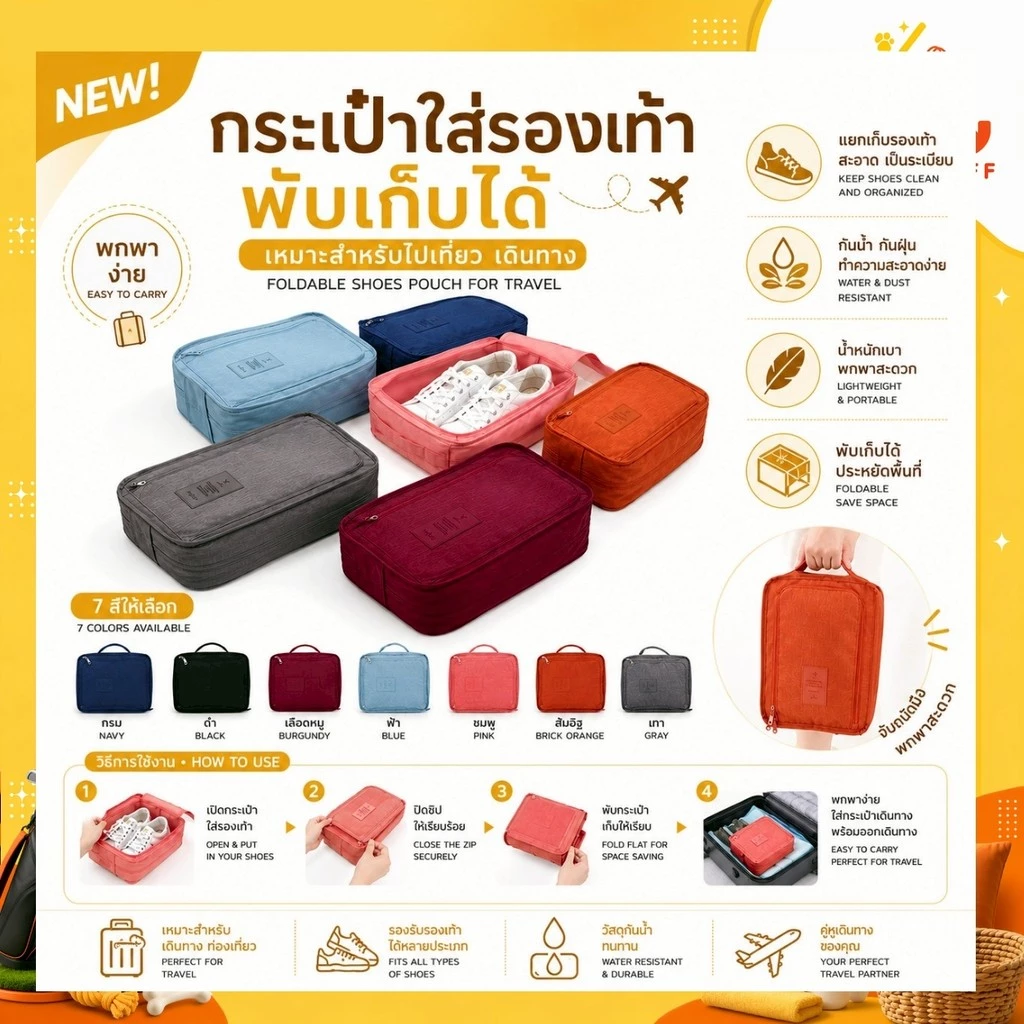 (สินค้าพร้อมส่งจากไทย) กระเป๋าใส่รองเท้าพับเก็บได้เหมาะสำหรับไปเที่ยวมากๆ (M0039)