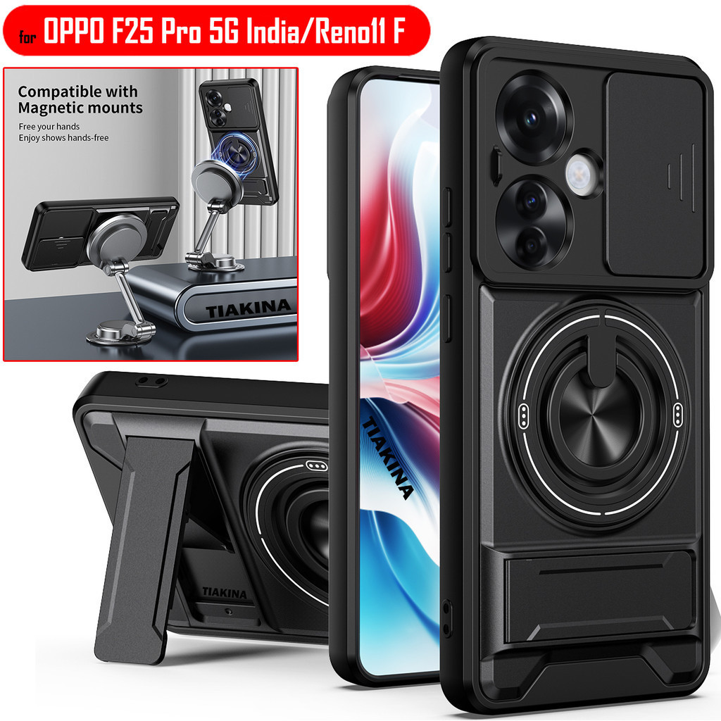 สไลด์เลนส์ Funda สําหรับ OPPO Reno11 F 5G กรณีหมุนแหวนแม่เหล็กสําหรับ OPPO F25 Pro 5G อินเดียกรณี Kickstand เกราะ Capa