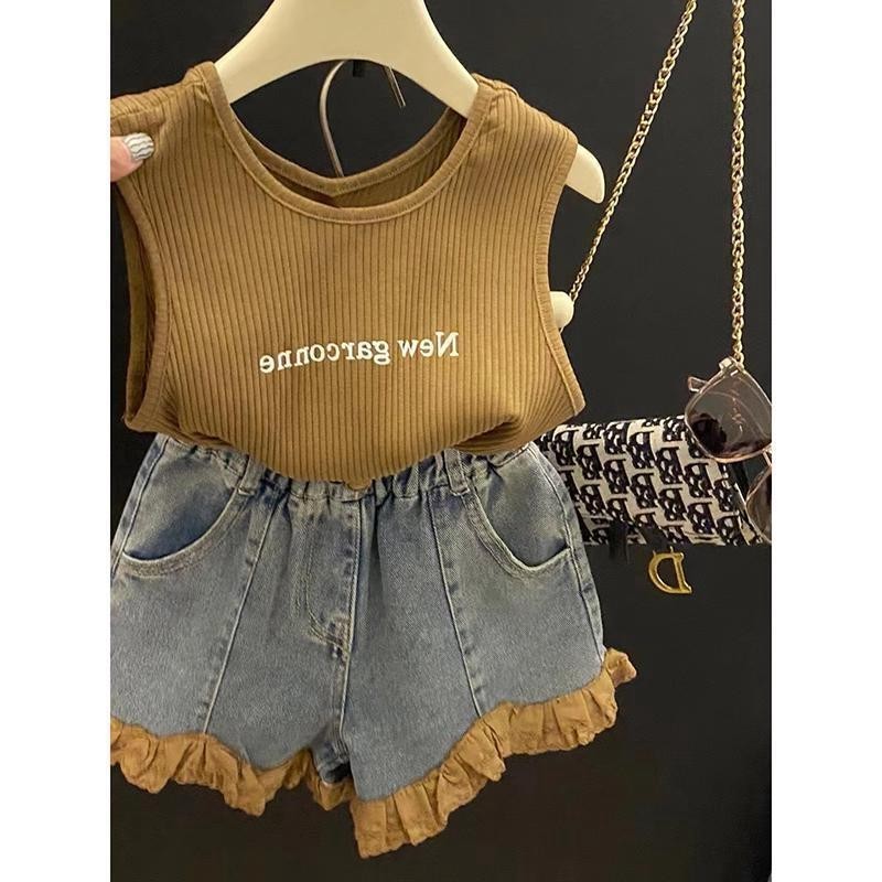 สาวชุดแฟชั่น All-Match Letter Vest Contrast กางเกงยีนส์ลูกไม้ชุดสองชิ้น 666