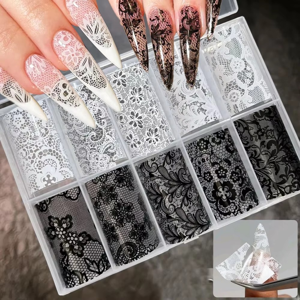 10 ม้วนผสม Black & White Lace Nail Transfer ฟอยล์ชุดสติกเกอร์เซ็กซี่ลูกไม้ดอกไม้รูปแบบเล็บสติกเกอร์สําหรับผู้หญิงตกแต่งเล็บ