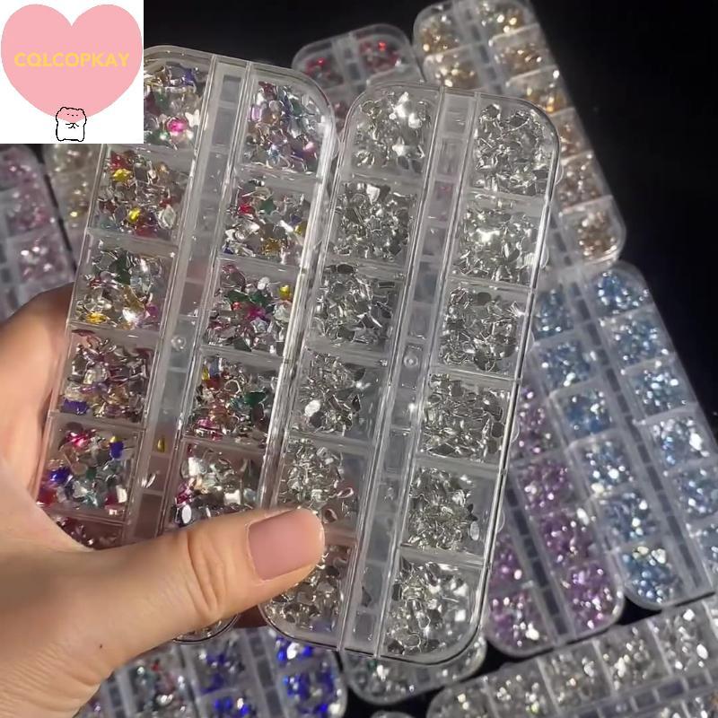 HANHAI ผสม 3D Flatba เล็บ Rhinestones 12 กริด Mini คริสตัลเพชรสําหรับเล็บ Glitter Charm ตกแต่ง DIY เล็บ Art Accessor TH