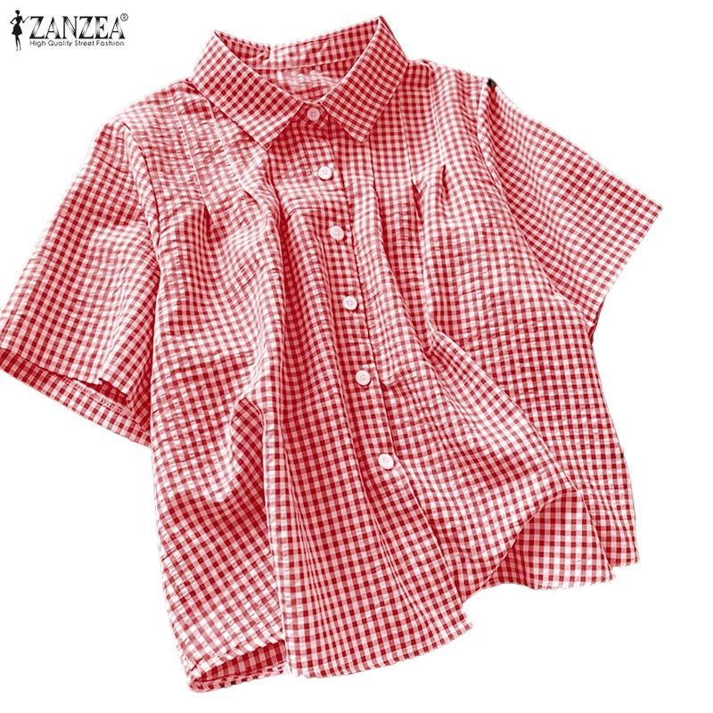 ZANZEA ผู้หญิงเกาหลีวินเทจ Streetwear Turn-Down-Collar Raglan แขนปุ่มลงเสื้อตาหมากรุก