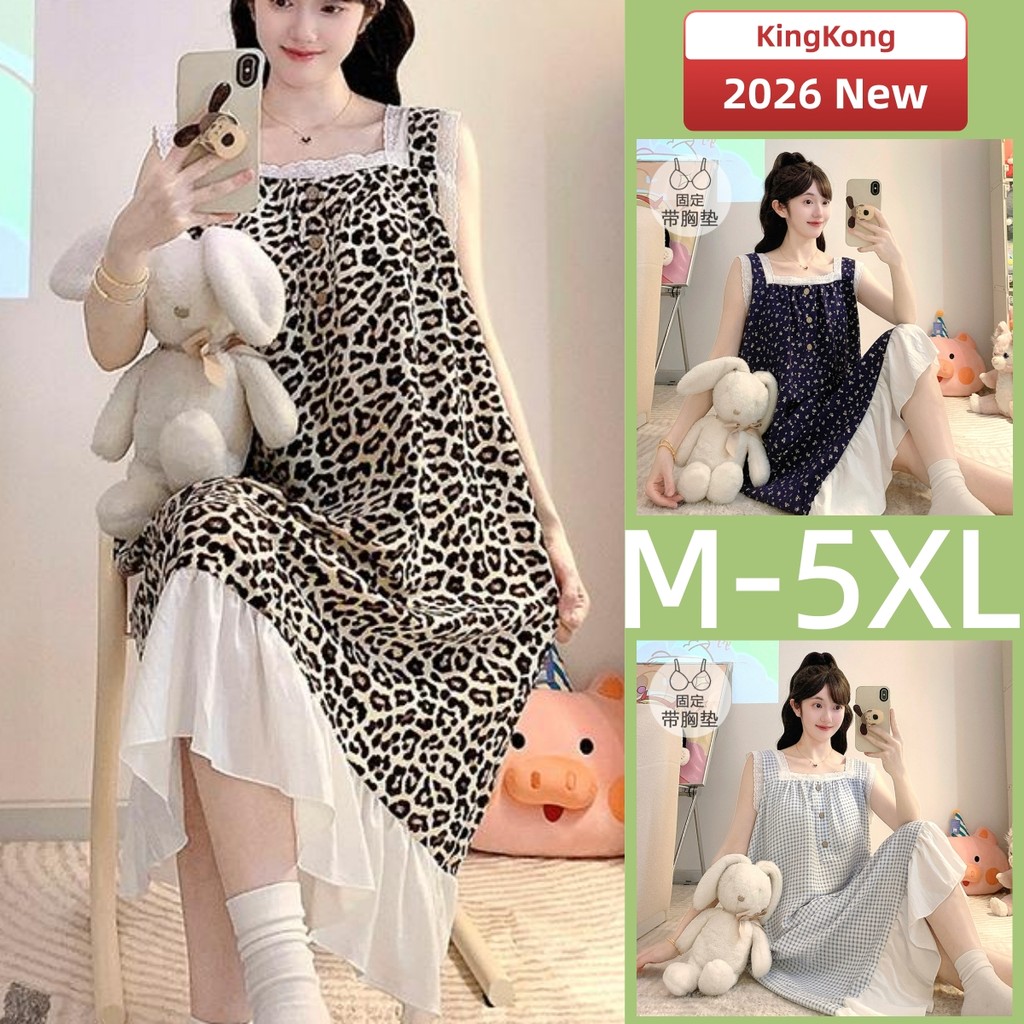 ชุดนอนสตรีแขนกุดลายเสือดาว ทรงหลวม ไซส์ M-5XL ใส่สบาย ฤดูร้อน