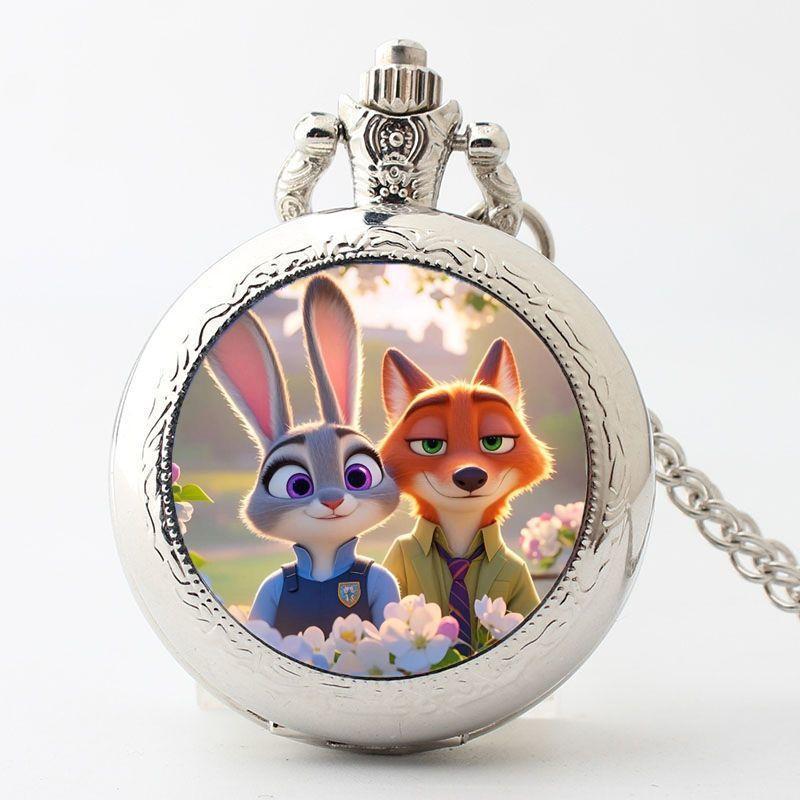 Zootopia 2 Pocket Watch Necklace with Photo Locket - Vintage Flip Open Student Watch, Movie Characte