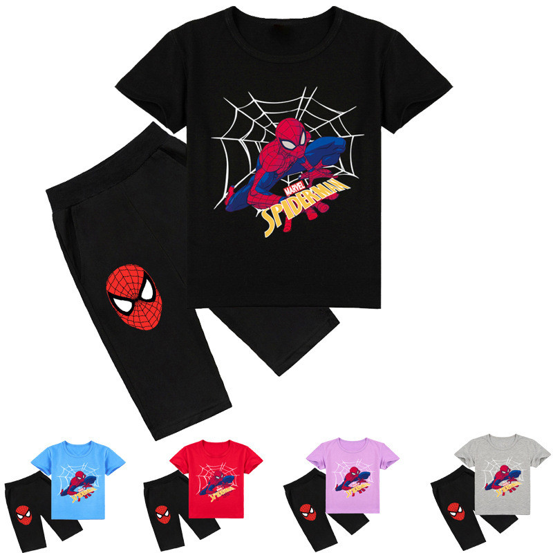 2026 E-commerce เสื้อผ้าเด็ก Spider-man Spider-man พิมพ์เสื้อยืดแขนสั้นฤดูร้อน + กางเกงขาสั้น K553CO