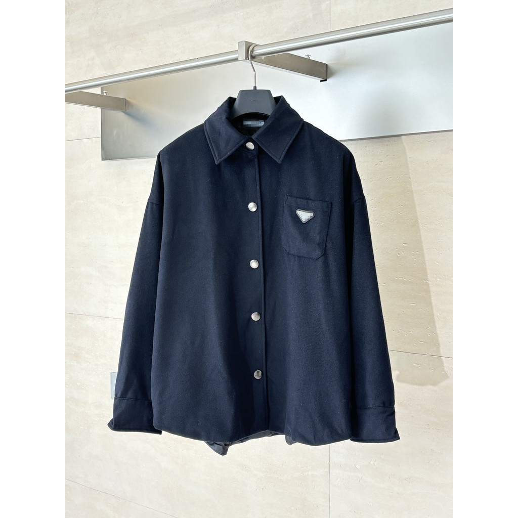 Q7AH PRAD* Cashmere Triangle Iron Label Gray Shirt Style Wool Coat