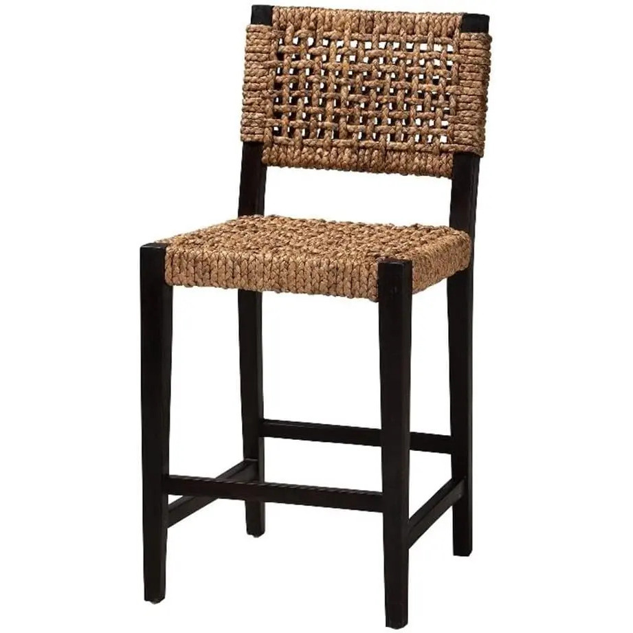 Alise Modern Bohemian Dark Brown Mahogany Wood และ Banana Fiber Counter Stool