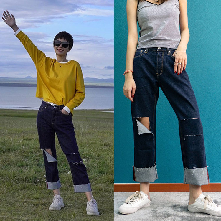 L12F JM Wide-leg Ripped Selvedge Red Hem Cropped Jeans for Women